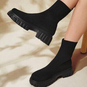 Cuccoo Women’s Black Stretch Knit Sock Ankle Boots (Size US 9 / EU 40)